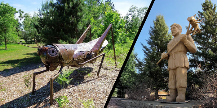 statue of st. urho in menagha minnesota - grasshopper in his pitch fork