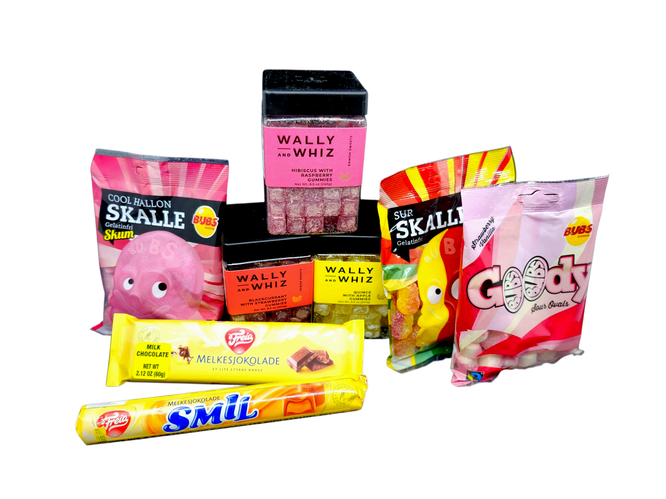 Three candy products and their packages displayed against a blue background with text promoting 10% off for National Candy Day, November 4-7, on Bubs, Wally & Whiz, and Freia brands.