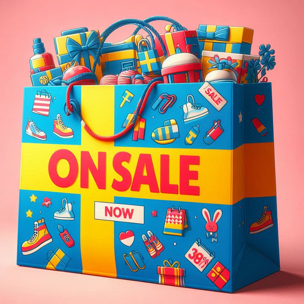 Colorful shopping bag with On Sale text, filled with gifts, cosmetics, and accessories against a pink background.