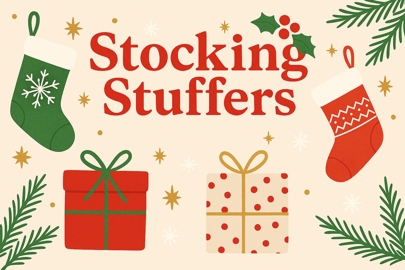 Illustration of two Christmas stockings, two wrapped gifts, holly, pine branches, and the words Stocking Stuffers in red text on a beige background.