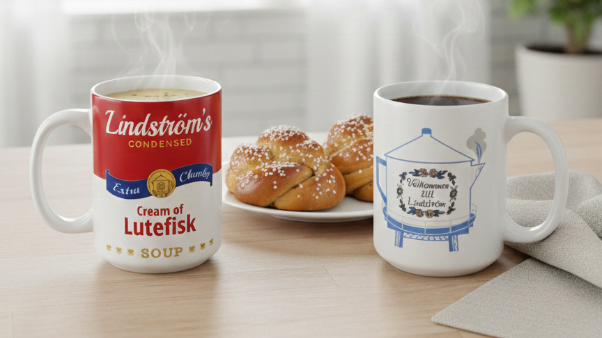 Two mugs sit on a table, one labeled “Cream of Lutefisk Soup” and the other with a water tower graphic, with a plate of pastries in the background. Steam rises from both mugs.