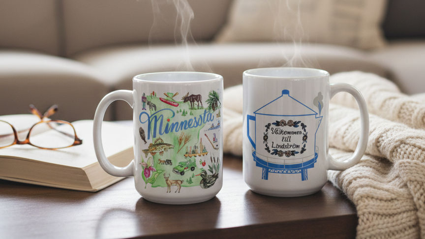 Two white mugs on a table; one features colorful Minnesota wildlife illustrations, the other displays a blue water tower with the words “Välkommen till Lindström.”.