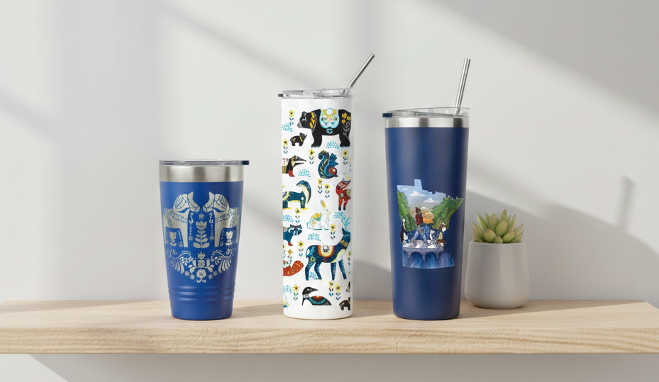 Three stainless steel tumblers with lids and straws sit on a wooden shelf; each tumbler features a different colorful, artistic design. A small potted succulent is also on the shelf.