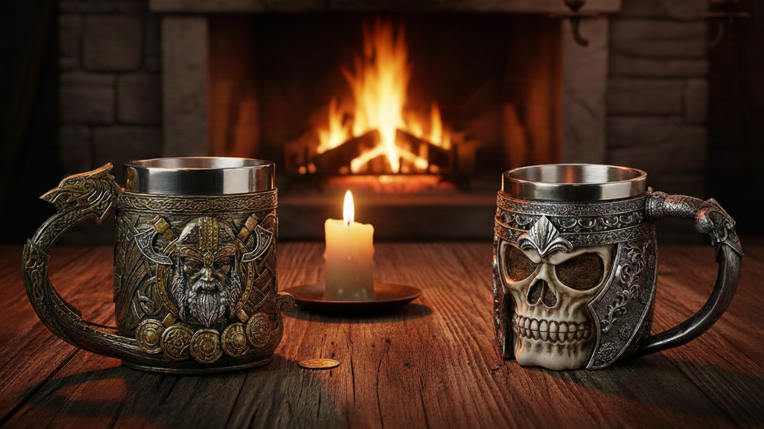 Two ornate metal mugs with Viking and skull designs sit on a wooden table in front of a lit candle and a fireplace.
