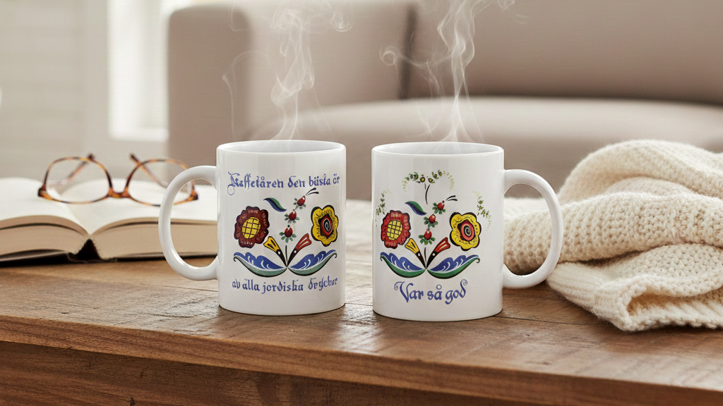Two steaming mugs with colorful floral designs and Swedish text sit on a wooden table next to an open book, eyeglasses, and a cream knit blanket.