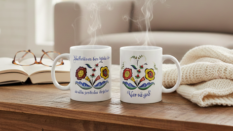 Two steaming mugs with colorful floral designs and Swedish text sit on a wooden table next to an open book, eyeglasses, and a cream knit blanket.