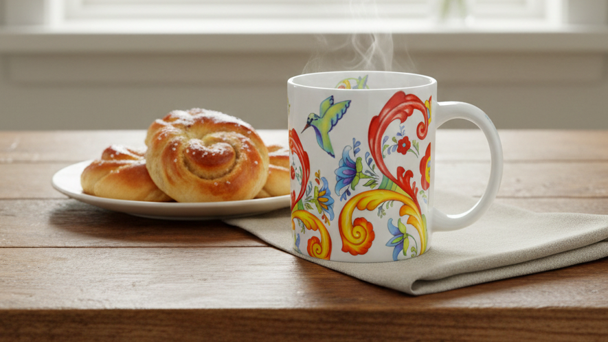 A white mug with a colorful floral pattern sits on a napkin next to a plate of pastries on a wooden table. Steam rises from the mug, indicating a hot beverage.