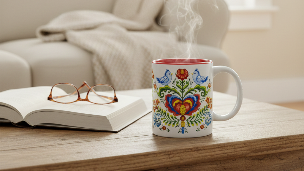 A steaming mug with colorful folk art designs sits on a wooden table next to an open book and eyeglasses, with a beige blanket draped on a couch in the background.