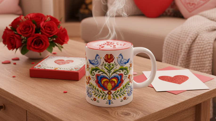 A steaming mug with a heart and bird design sits on a wooden table beside a red rose bouquet, heart-shaped cards, and a decorative box.
