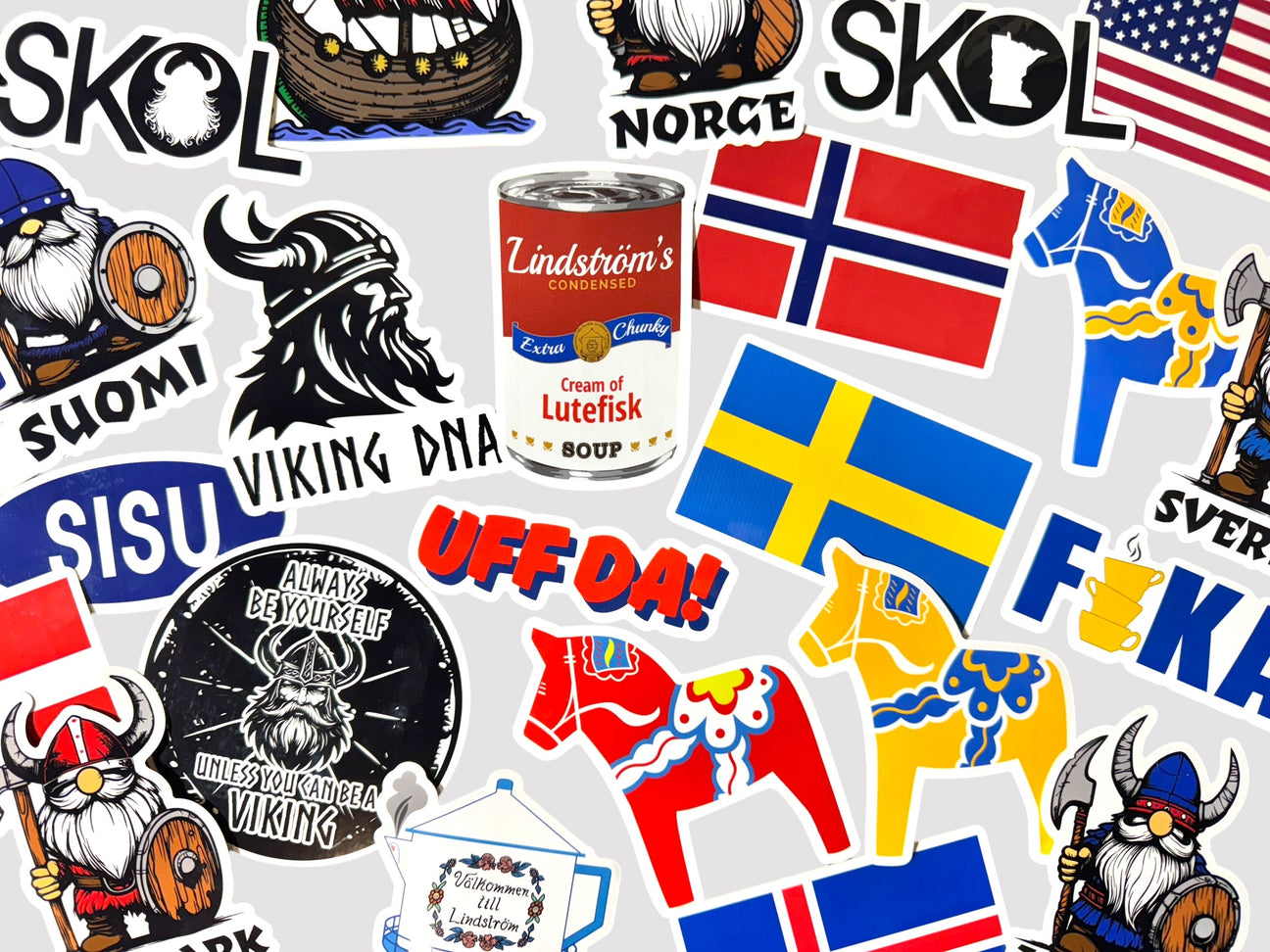 A collage of Scandinavian-themed stickers featuring Nordic flags, Vikings, wooden horses, and humorous phrases related to Viking culture, including a can of Lutefisk soup.