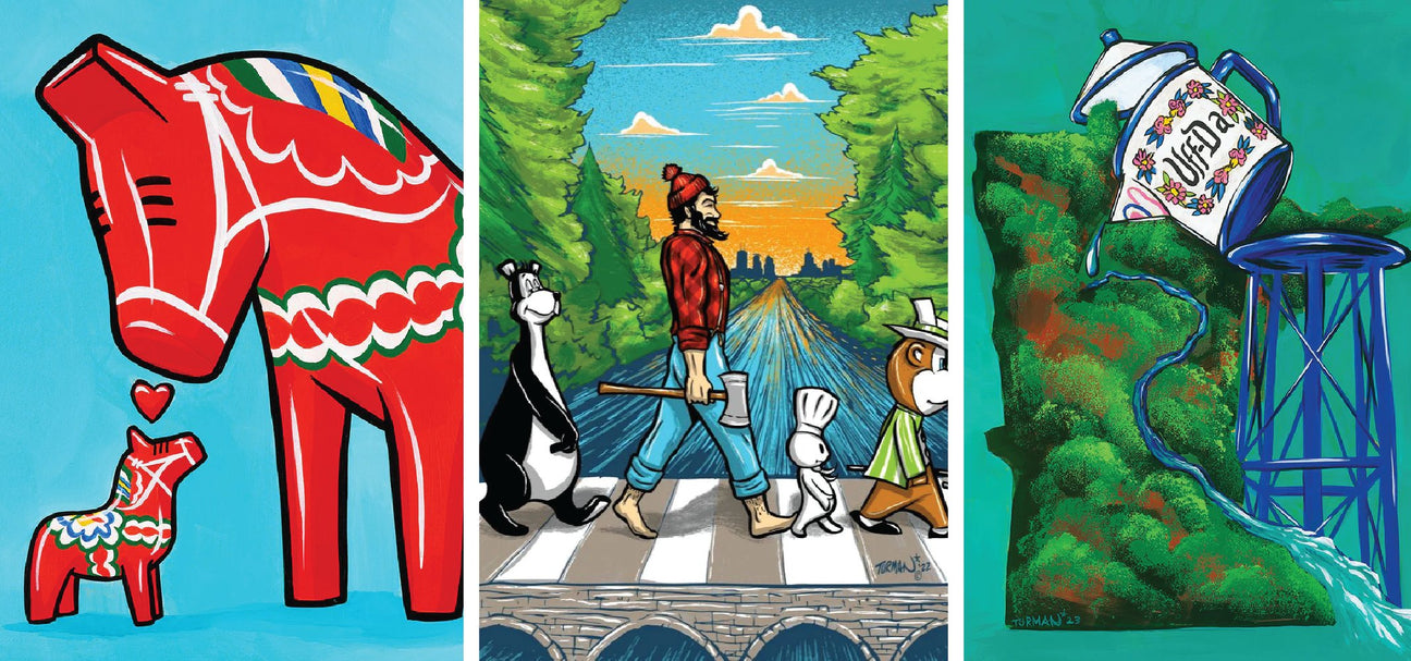 Four framed paintings with colorful scenes include abstract water themes, a green humanoid drinking tea, an animal parade crossing a bridge, and hands pouring liquid into a glass mug.