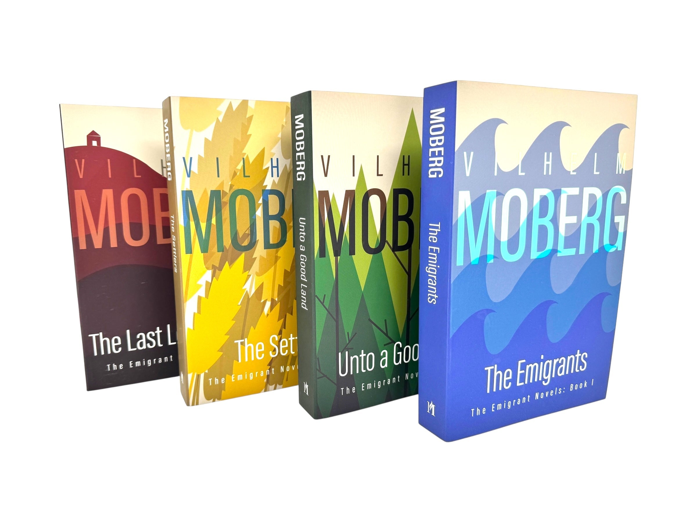 Four books from The Emigrant Novels series by Vilhelm Moberg are arranged in a row, each with distinct cover art and colors.