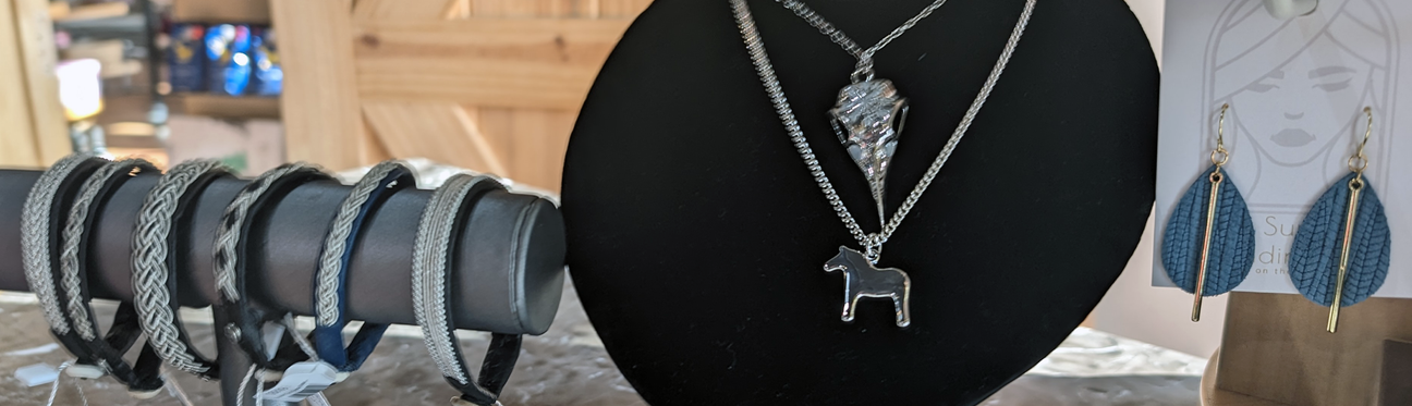 Display of braided bracelets, a silver necklace with a horse pendant, and blue woven earrings.