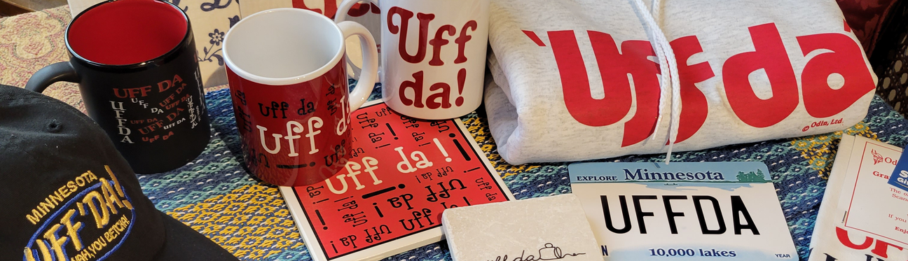 A collection of Uffda themed items including mugs, a cap, hoodie, stickers, and a Minnesota license plate with UFFDA.