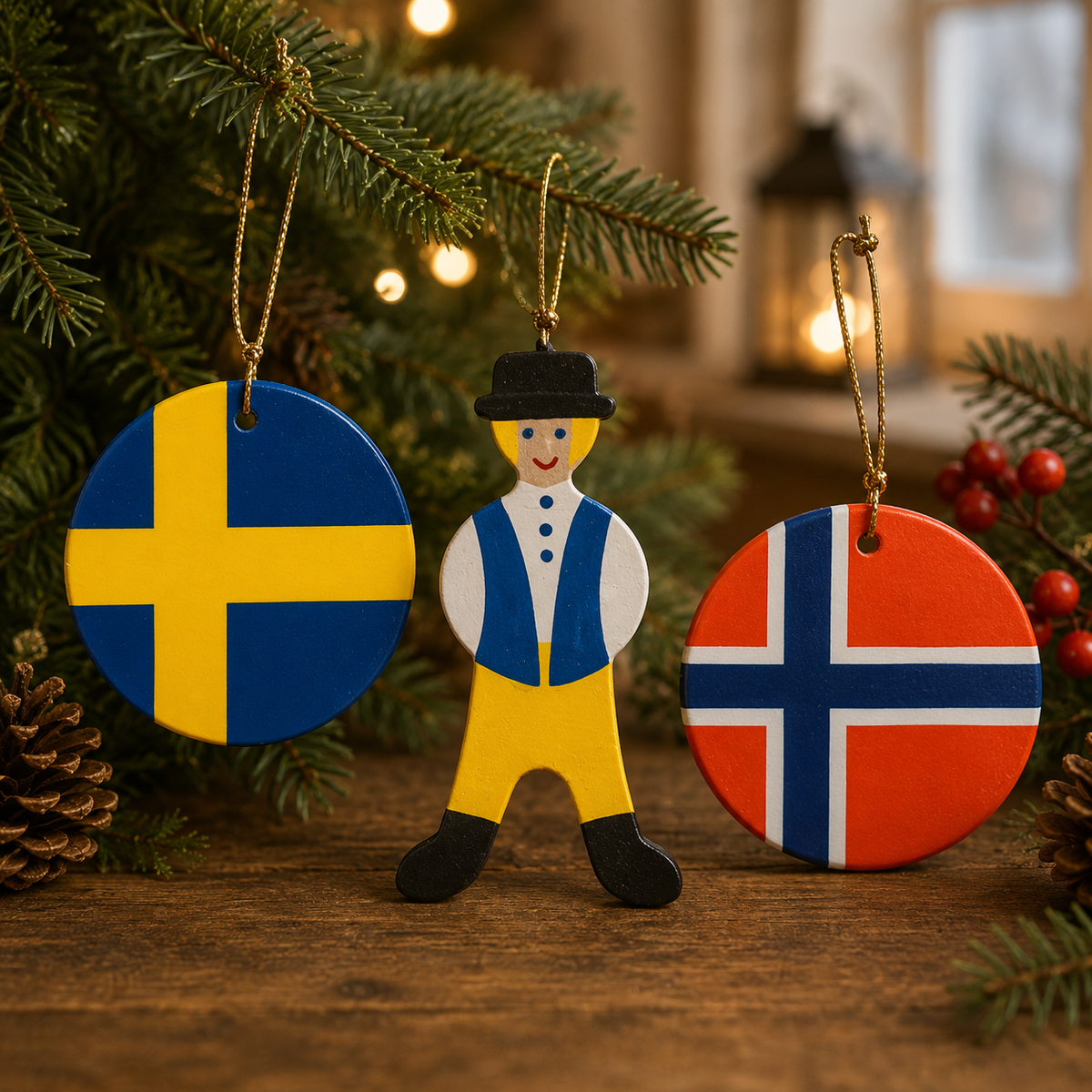 Three Christmas ornaments: Swedish and Norwegian flag circles and a wooden doll in yellow pants and a blue vest, hanging on a festive tree branch, with a lantern and pine cones in the background.