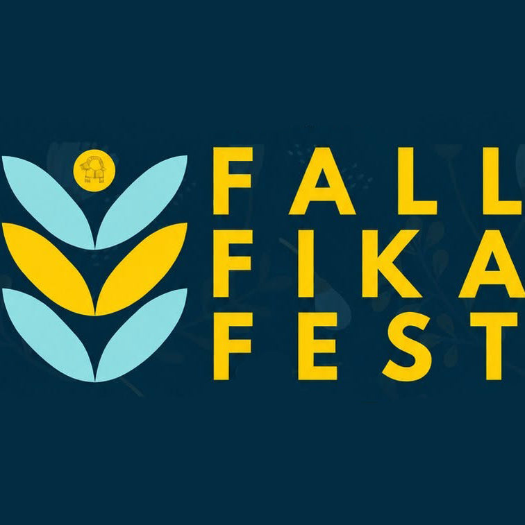Graphic with three blue leaf shapes and a small yellow coffee cup icon on the left. Bold yellow text on the right reads FALL FIKA FEST on a dark blue background.