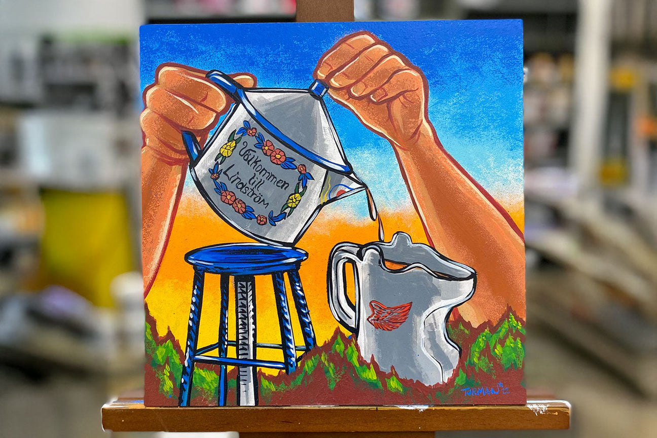A painting featuring hands pouring water from a floral jug into a pitcher resting on a stool, against a scenic backdrop of trees and a sunset sky.