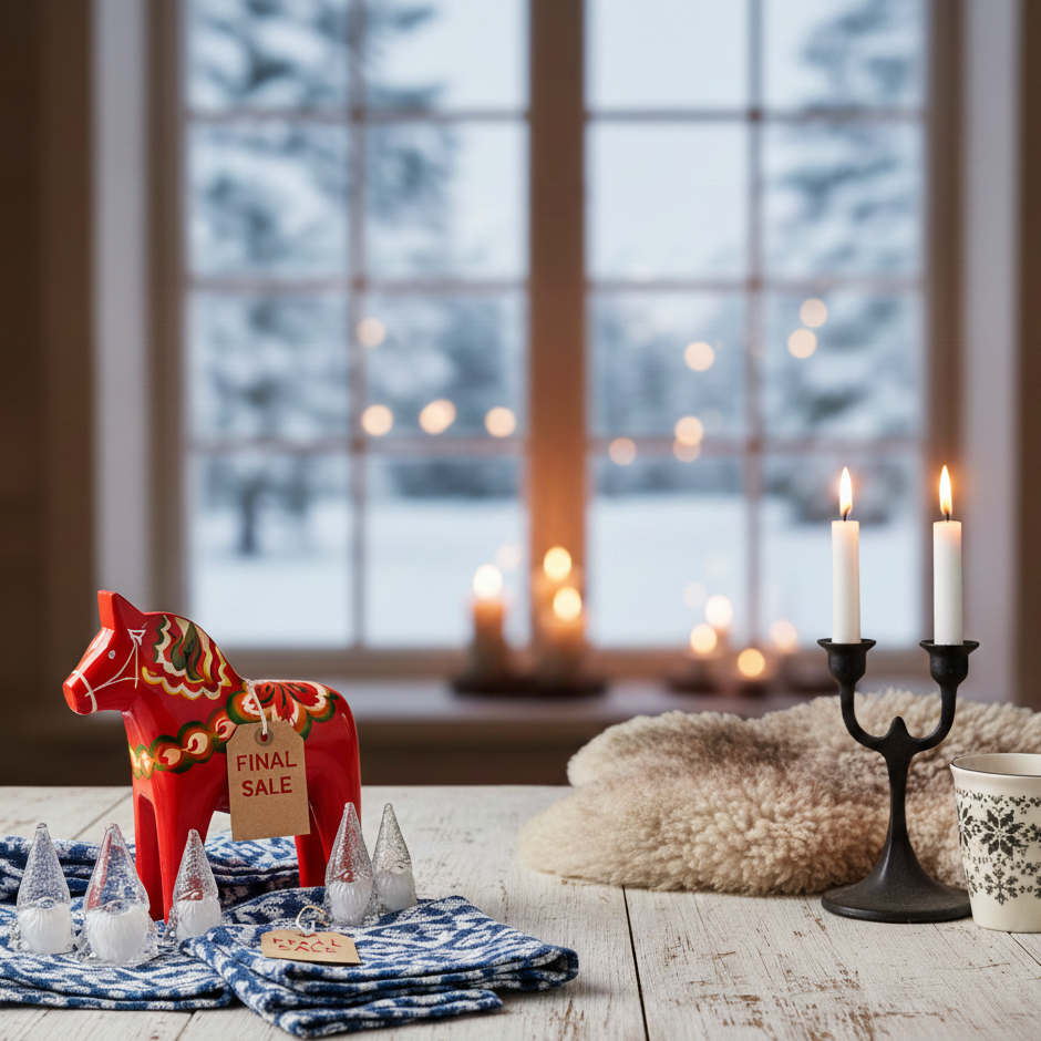 A red decorative horse with a final sale sign sits on a table with folded cloths, small glass trees, and a lit two-candle holder, with a snowy scene visible through the window.