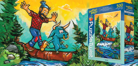 Illustration of a man and a blue creature balancing on a log over a stream, with a 500-piece puzzle box featuring the same image beside it.