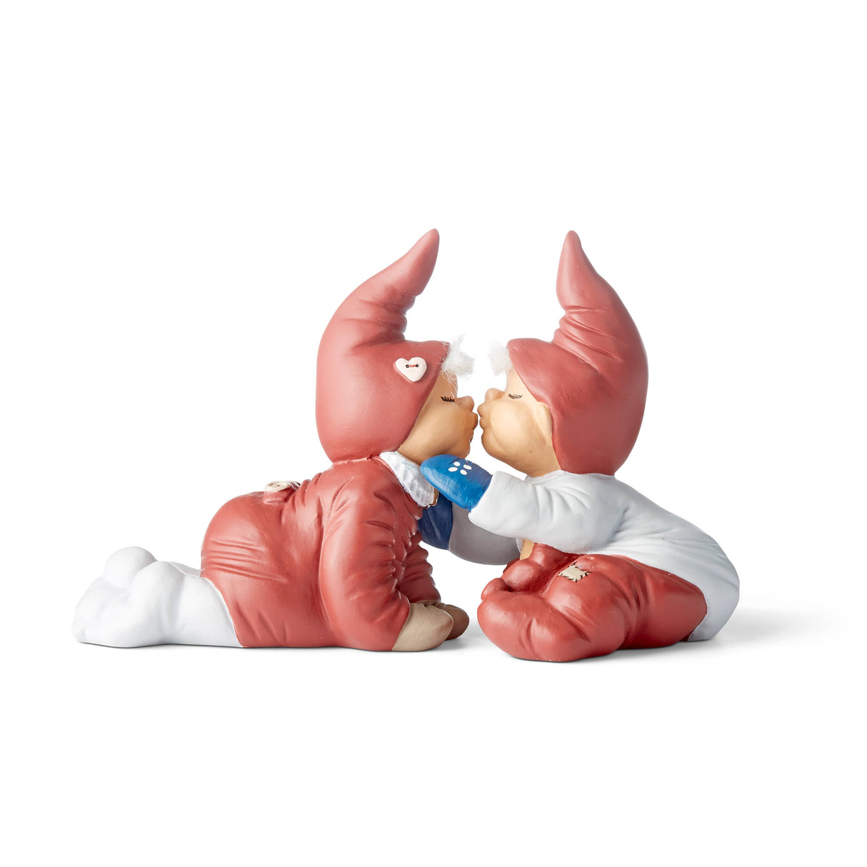 The Bella & Asbjørn Klarborg Elfs figurine features two handcrafted elfs inspired by Danish folklore, kneeling face-to-face in red hats and winter clothes, affectionately touching noses against a white background.