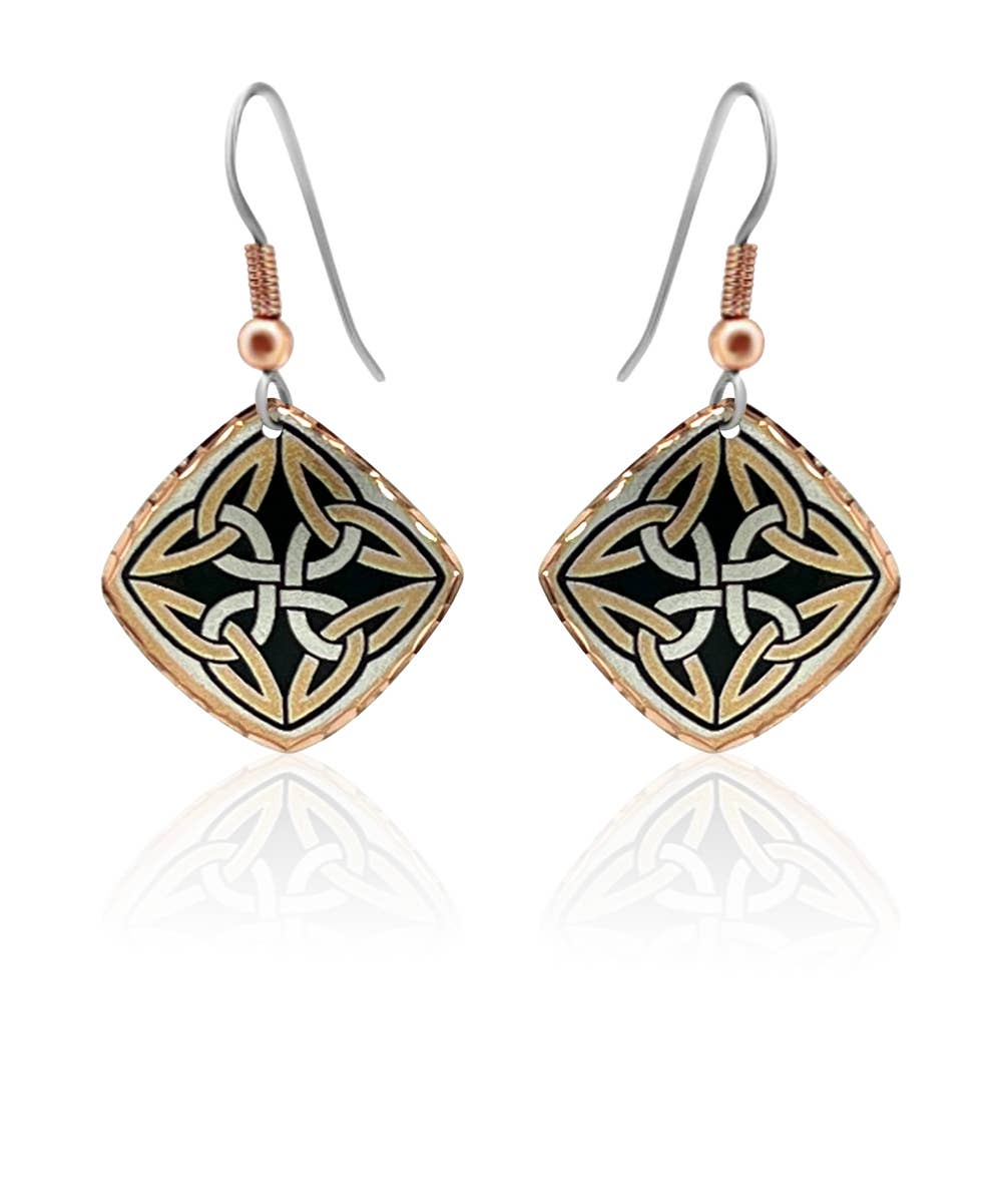 Discover our Copper Norse Style Diamond Shaped Earrings in copper, black, and silver—featuring a striking design with Celtic-inspired patterns and elegant silver hooks.