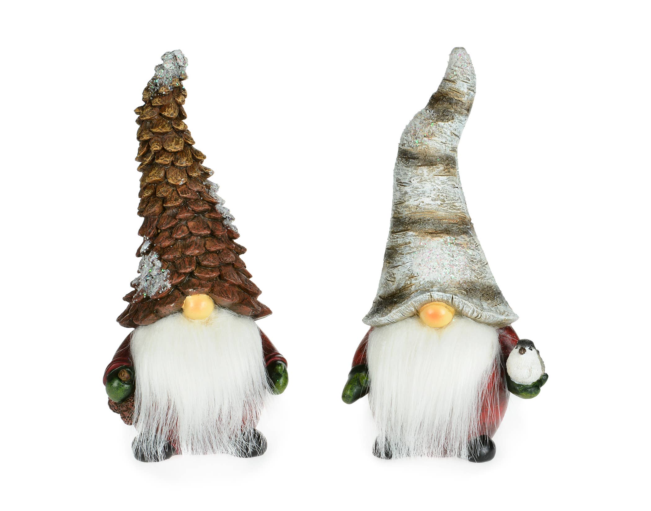 Two woodland gnome figurines featuring long beards and tall hats are depicted, with one holding a small white object. One gnome wears a hat that mimics birch bark, resembling tree bark, while the other dons a hat styled like a pinecone, perfectly blending into their enchanting forest aesthetic.