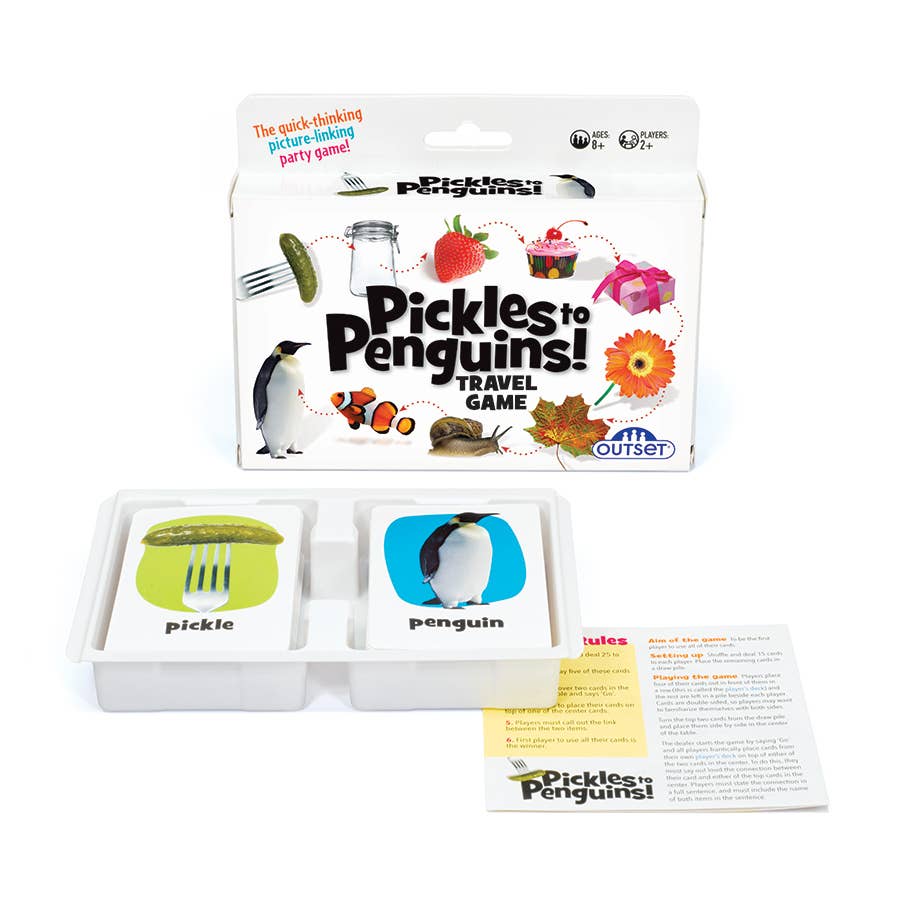 Game: Pickles to Penguins! The Fast-Paced Game of Wild Connections Travel Game is a fun card game for all ages, featuring colorful cards and a rules sheet—great for family play and travel.