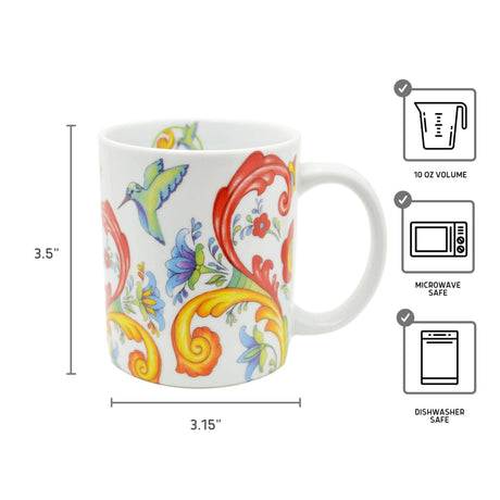 The Colorful Norwegian Rosemaling Coffee Mug holds 12 oz, features vibrant floral and bird designs on white ceramic, measures 3.5" tall by 3.15" wide, and is both microwave and dishwasher safe.
