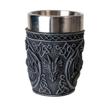 The Shot Glass: Medieval Dragon Shot Glass features intricate Celtic patterns, a striking medieval dragon design on its resin surface, and a stainless steel insert.