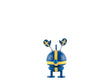A blue and yellow desk toy with a rounded body, paddle-shaped antennas, and a visible cross pattern, shown against a white background.