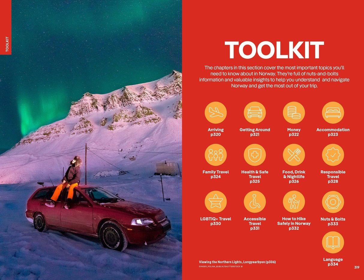 A person sits on a red car beneath the Northern Lights by snow-covered mountains, capturing the enchanting spirit of the “Lonely Planet Norway Northern Lights Safari Far North Hiking & Skiing Oslo Walking Tours Travel Guide” from Hachette Book Group. On the right, Norway travel tips, topics, and page numbers are highlighted with bold red and yellow design elements.