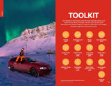 A person sits on a red car beneath the Northern Lights by snow-covered mountains, capturing the enchanting spirit of the “Lonely Planet Norway Northern Lights Safari Far North Hiking & Skiing Oslo Walking Tours Travel Guide” from Hachette Book Group. On the right, Norway travel tips, topics, and page numbers are highlighted with bold red and yellow design elements.