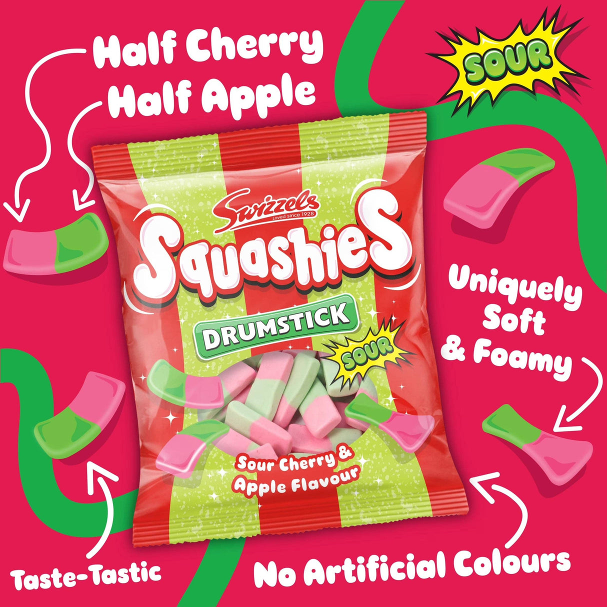 A 140g bag of Swizzels Squashies Sour Cherry & Apple Gummy Candy from Swedish Sweets Wholesale LLC (Swedish Candy), featuring uniquely soft and foamy pink and green sweets with a sour kick. The bright packaging highlights “Half Cherry Half Apple,” “Sour,” and “No Artificial Colours.”.