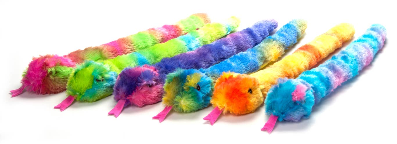 Six Tie Dye Stuffed Snake plush toys, each 20 long with soft fur and pink felt tongues, are lined up side by side on a white background, creating a playful and colorful collection.