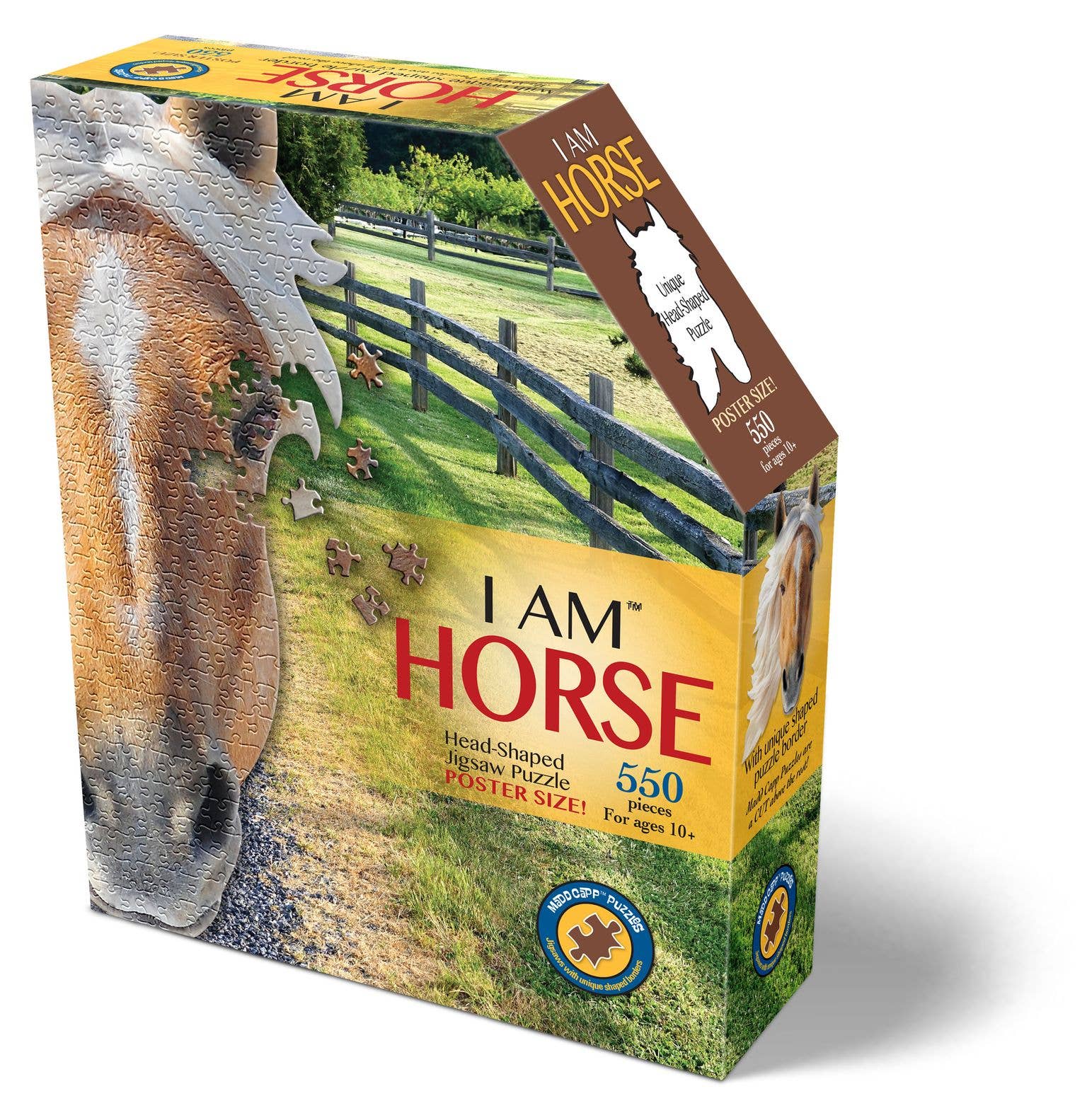 The 550-piece puzzle, Puzzle: I AM Horse, showcases an animal head-shaped design with a horse and a fence image on the box, providing an educational jigsaw experience.