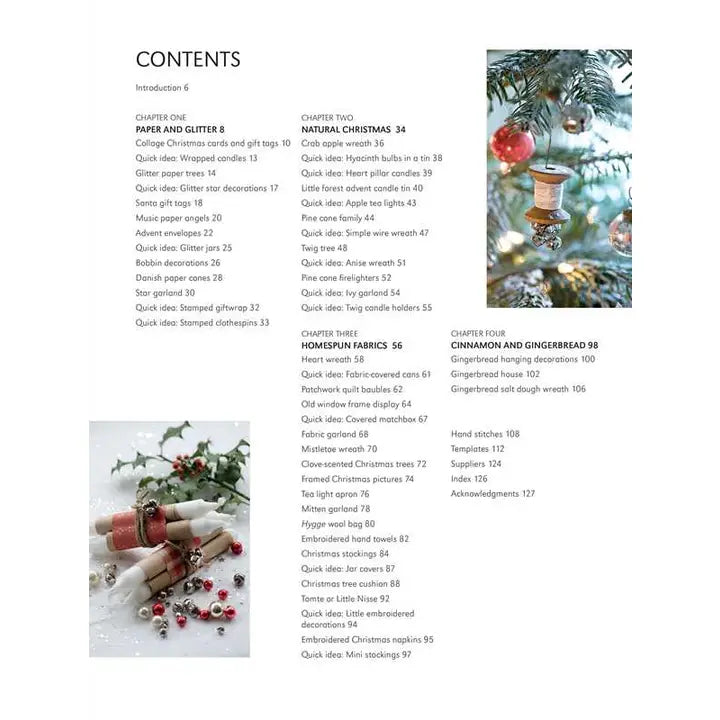 The table of contents in "Book: Scandinavian Christmas Crafts" lists chapters and page numbers for Christmas crafts, Scandinavian projects, recipes, and includes two images with ornaments and craft materials.