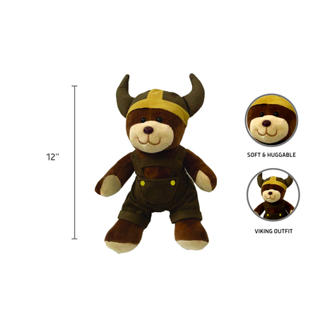 The Plush: Viking Boy Plush Viking Teddy Bear - Small is a 12-inch bear in a classic Viking outfit and helmet—ideal for nurseries or as a unique Oktoberfest gift. Insets showcase its soft texture and detailed costume.