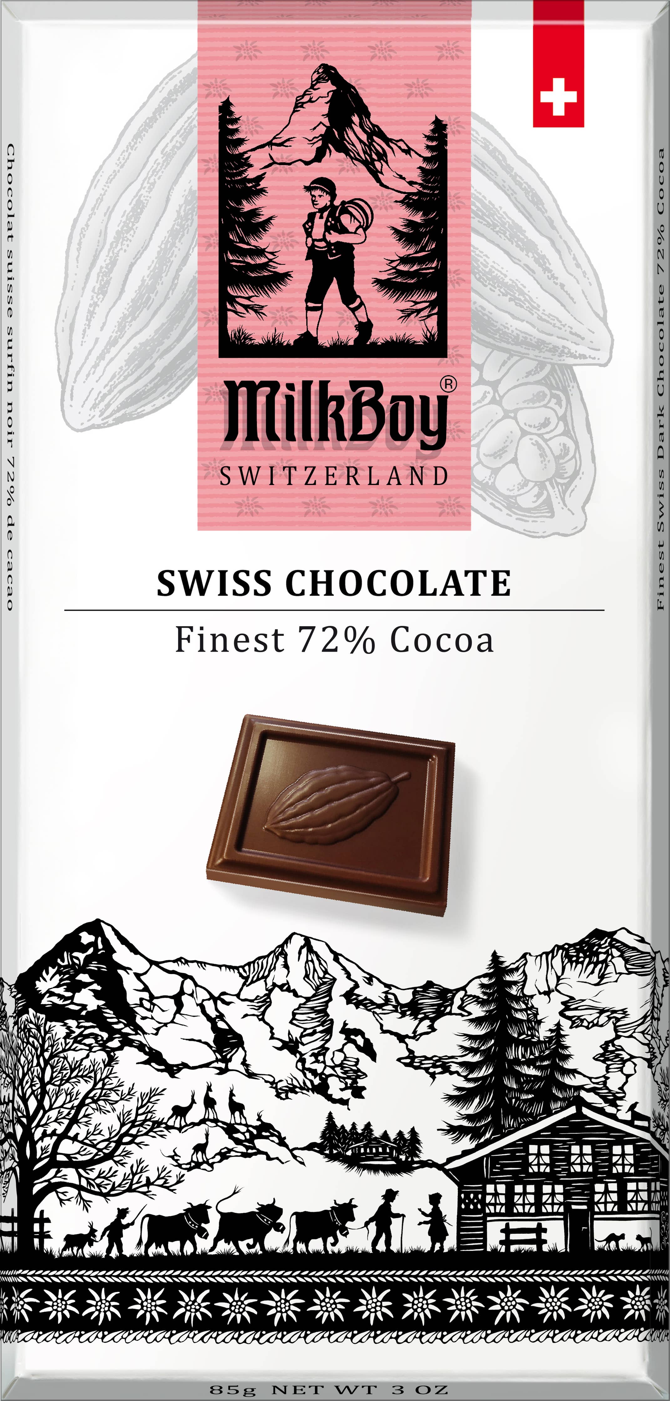 MilkBoy Finest 72% Cocoa Dark Chocolate 3 oz bar features pink and black packaging with a hiker, a chocolate square, Alpine scenery, and the label “Finest 72% cocoa” premium dark chocolate.