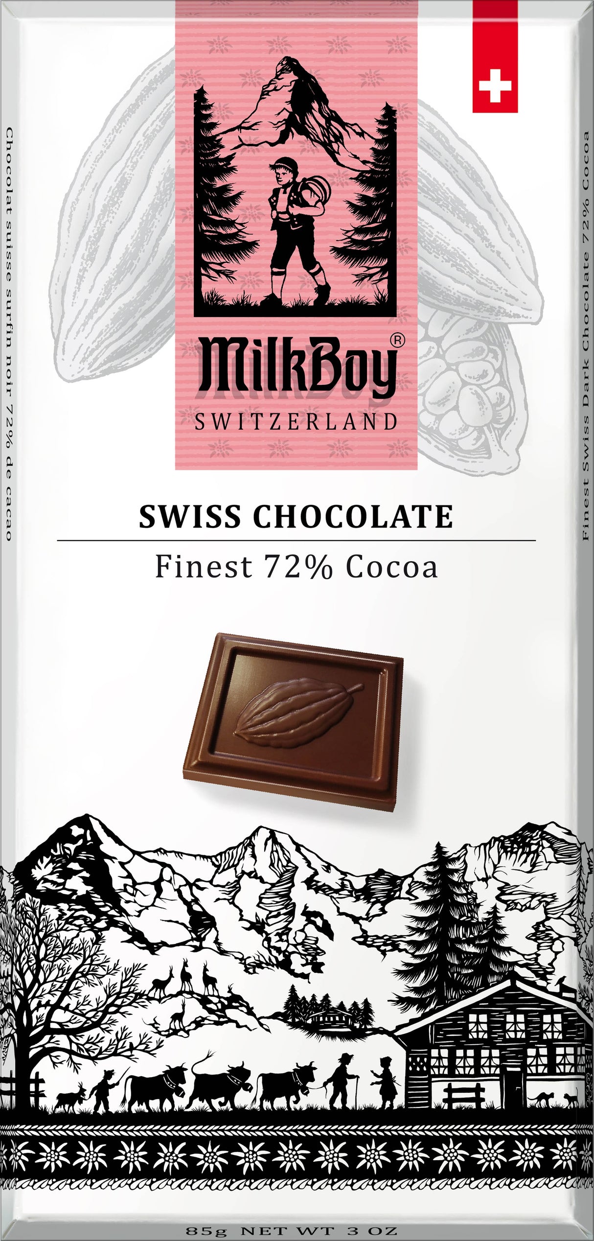 MilkBoy Finest 72% Cocoa Dark Chocolate 3 oz bar features pink and black packaging with a hiker, a chocolate square, Alpine scenery, and the label “Finest 72% cocoa” premium dark chocolate.