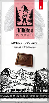 MilkBoy Finest 72% Cocoa Dark Chocolate 3 oz bar features pink and black packaging with a hiker, a chocolate square, Alpine scenery, and the label “Finest 72% cocoa” premium dark chocolate.