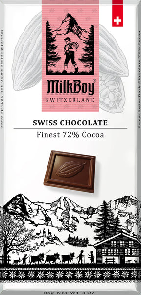 MilkBoy Finest 72% Cocoa Dark Chocolate 3 oz bar features pink and black packaging with a hiker, a chocolate square, Alpine scenery, and the label “Finest 72% cocoa” premium dark chocolate.