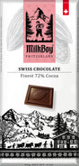 MilkBoy Finest 72% Cocoa Dark Chocolate 3 oz bar features pink and black packaging with a hiker, a chocolate square, Alpine scenery, and the label “Finest 72% cocoa” premium dark chocolate.