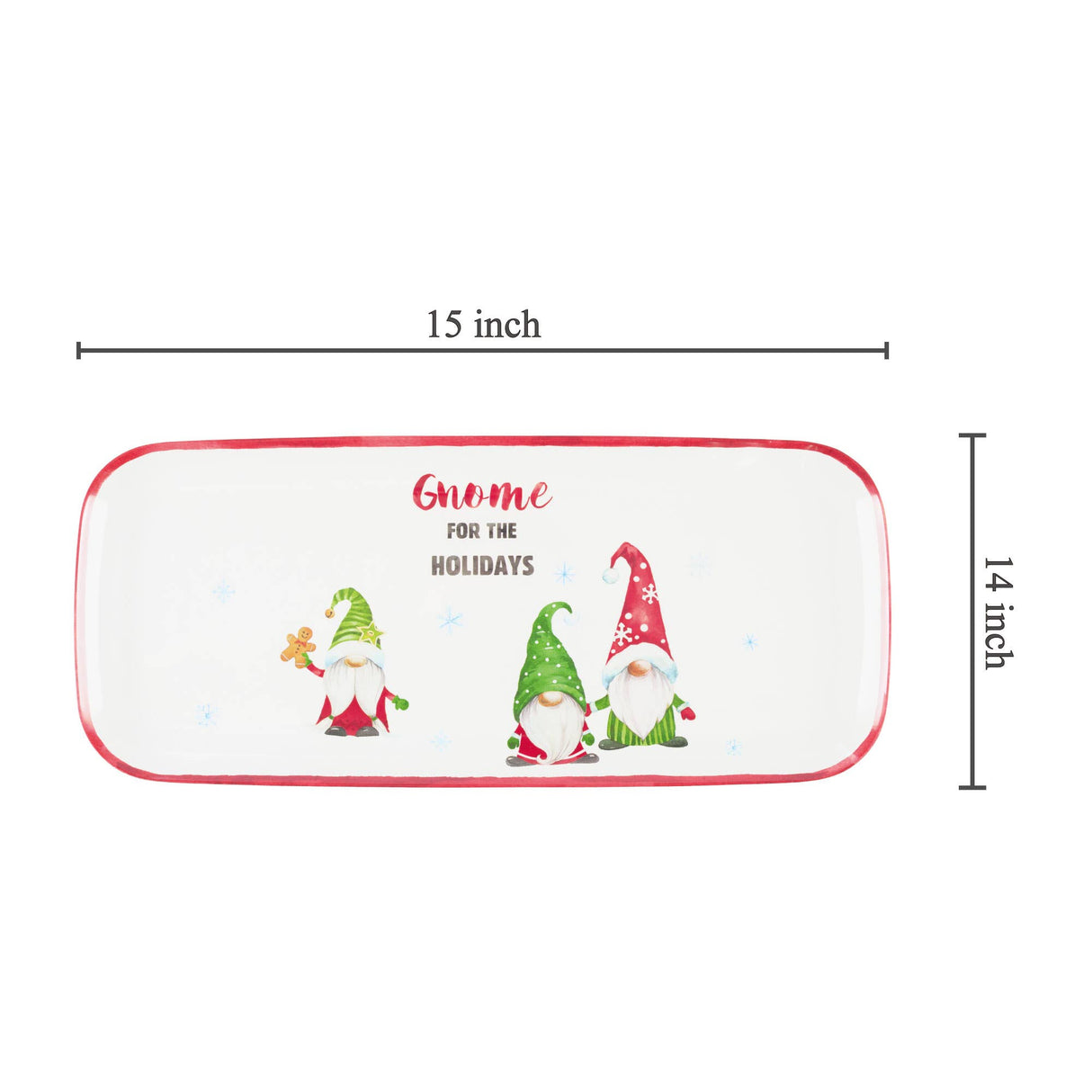 Melamine tray with three gnomes, red trim, and the text “Gnome for the Holidays” on a white background. Tray measures 15 by 14 inches.