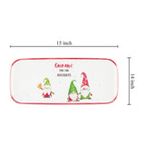 Melamine tray with three gnomes, red trim, and the text “Gnome for the Holidays” on a white background. Tray measures 15 by 14 inches.