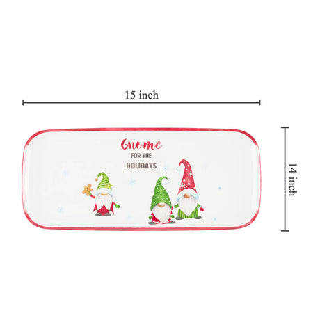Melamine tray with three gnomes, red trim, and the text “Gnome for the Holidays” on a white background. Tray measures 15 by 14 inches.