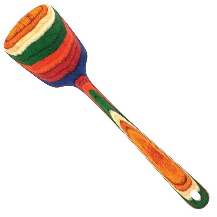 A vibrantly colored layered birch Utensil: Marrakesh Collection Spatula Baltique Birch features a hole at the end of its handle, exuding charm.