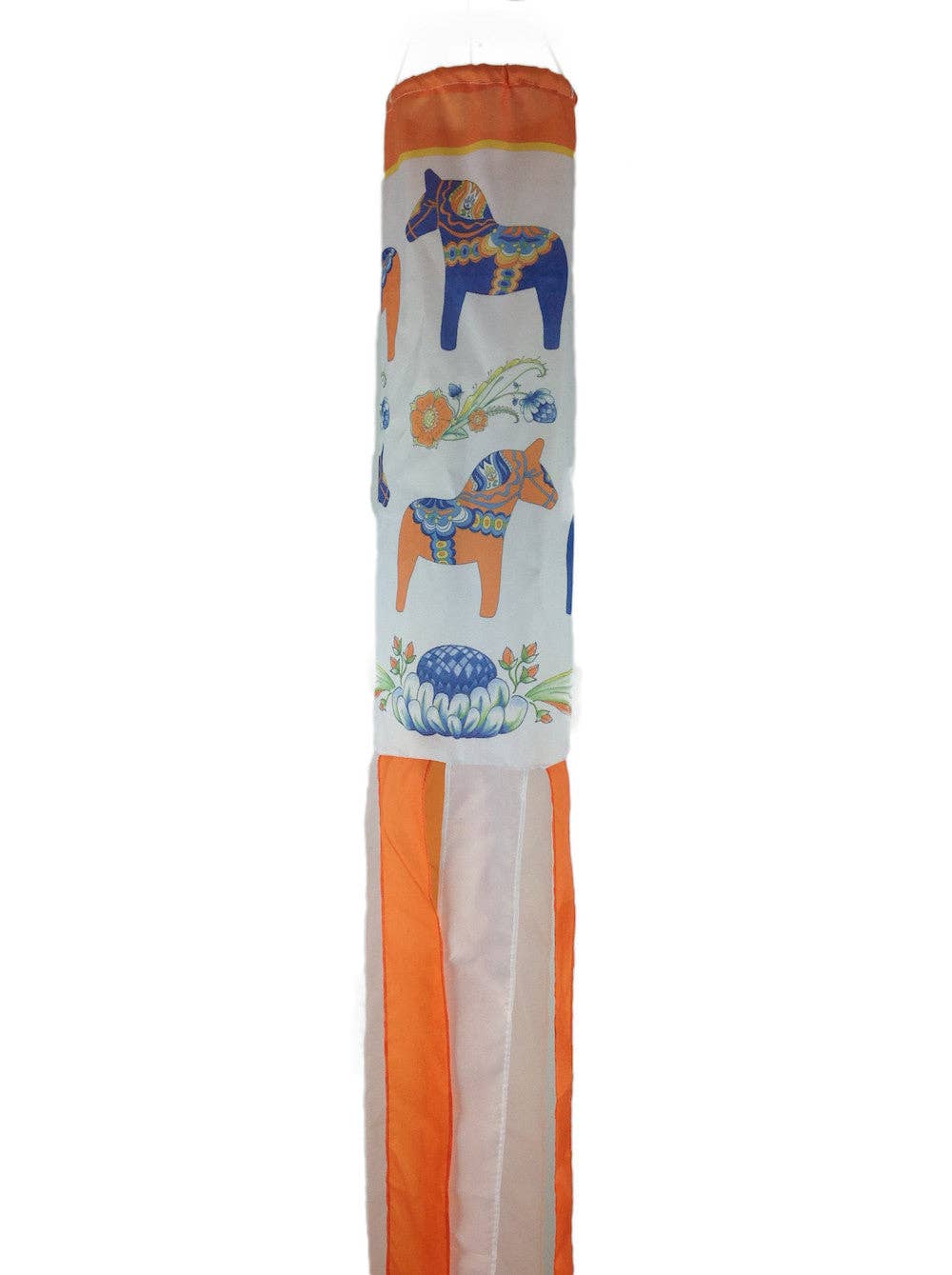 This orange and white Swedish Wind Sock: Dala Horse features Scandinavian motifs, including floral patterns and a decorative dala horse, adding a touch of Swedish tradition.