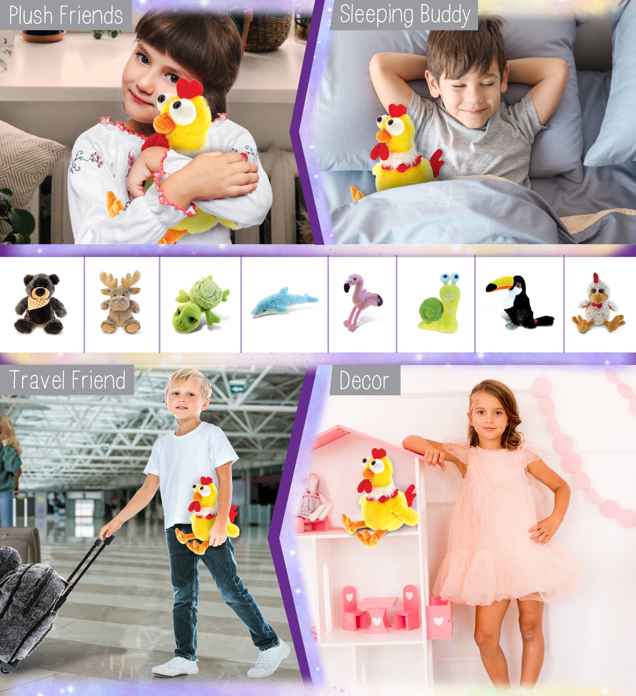 Kids cuddle the Plush: Super Soft Yellow Rooster Stuffed Animal as a snuggly buddy, travel friend, or fun room decor; other plush animals are also available.