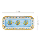 Rectangular tray with blue and yellow floral patterns, measuring 15 inches long by 6.5 inches wide, displayed on a plain background.