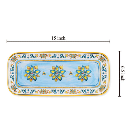 Rectangular tray with blue and yellow floral patterns, measuring 15 inches long by 6.5 inches wide, displayed on a plain background.
